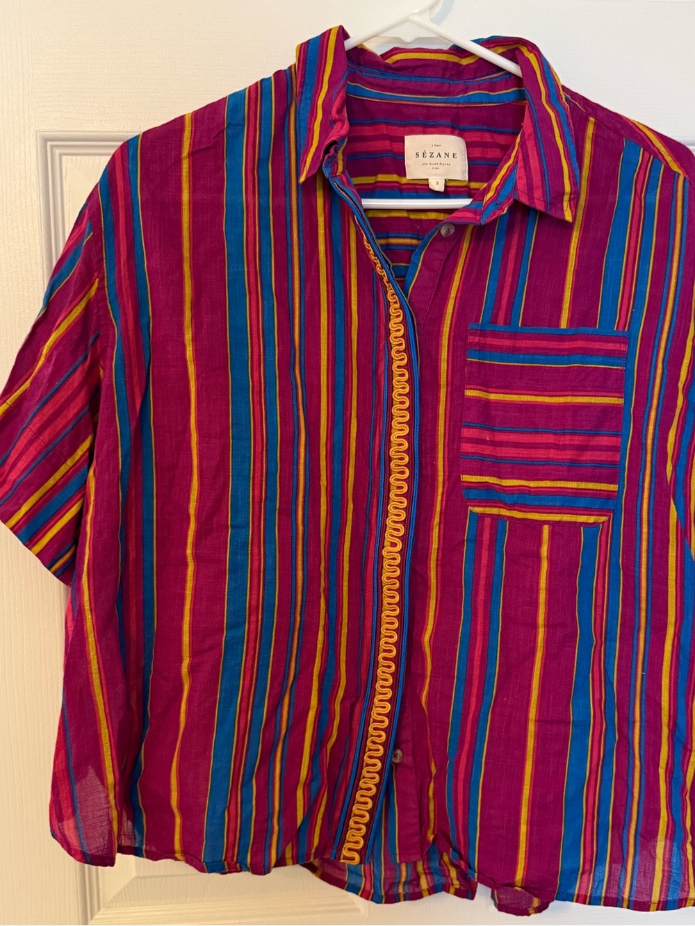 Sezane Multicolor Striped Button-Down Shirt — Magenta, Blue, Yellow